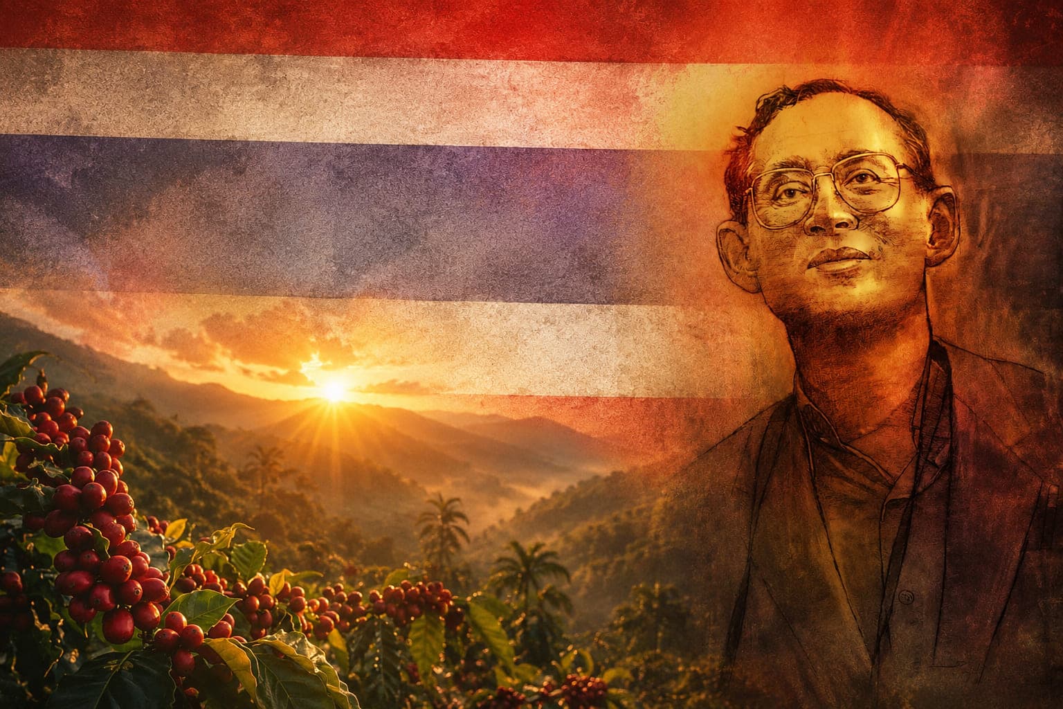 Illustration: König Bhumibol Adulyadej vor der thailändischen Flagge, darunter Sonnenaufgang über den Bergen Nordthailands und ein Zweig mit reifen Kaffeekirschen