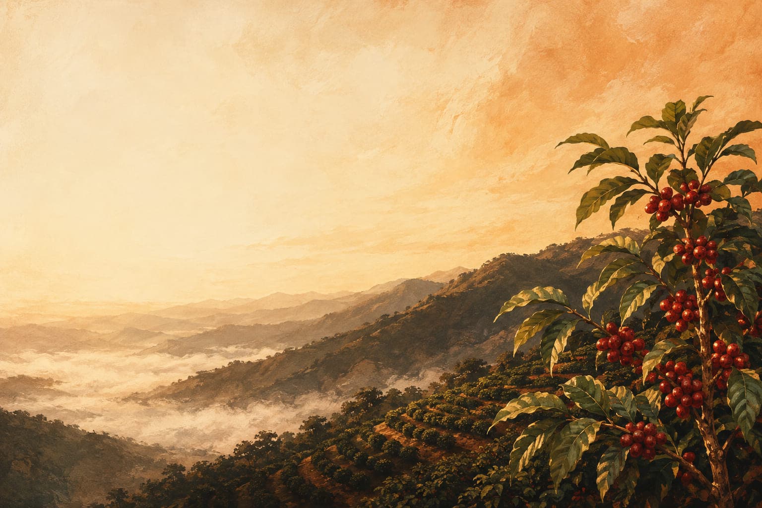 Illustration: Blick über die Kaffeeberge Nordthailands im Morgenlicht, Terrassen mit Kaffeesträuchern an den Hängen und ein Zweig mit reifen Kaffeekirschen im Vordergrund